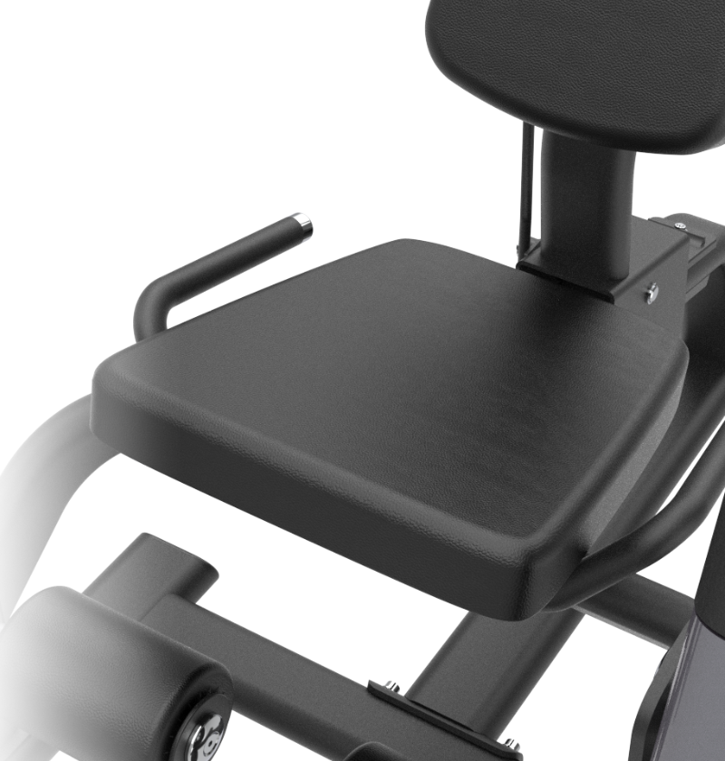 Black plate loaded leg extension machine seat on a white background