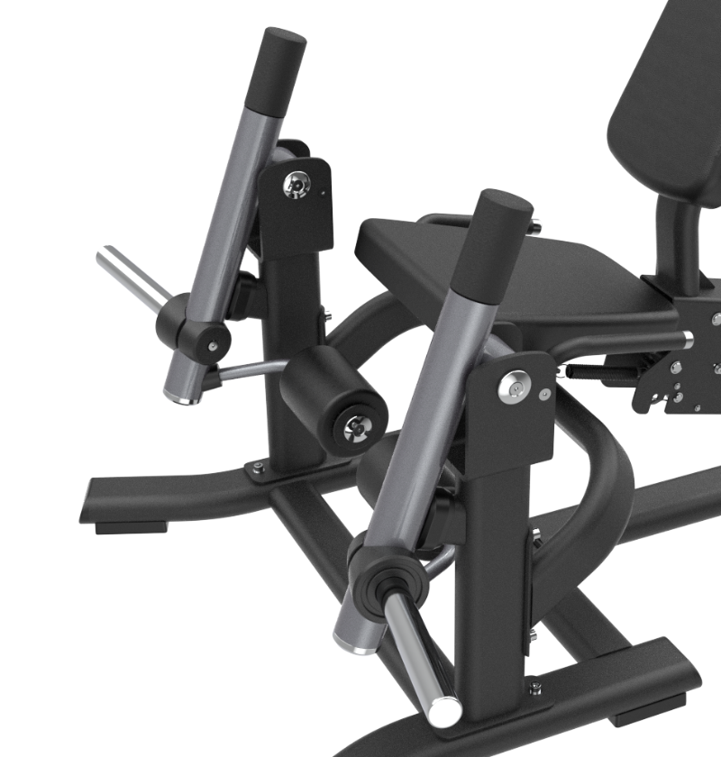Close-up of a black plate loaded leg extension machine on a white background