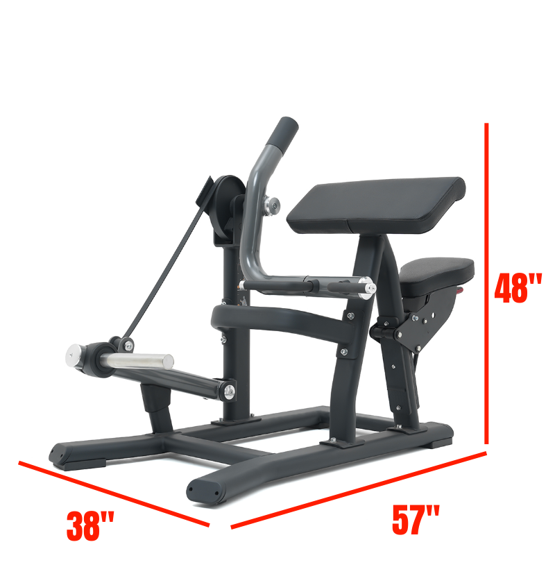 Black plate loaded bicep curl machine with dimensions indicated on a white background