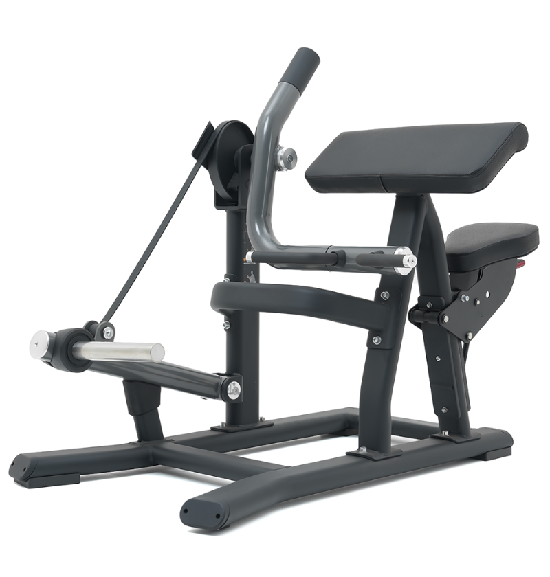 Plate loaded bicep curl machine with a black frame and padding on a white background