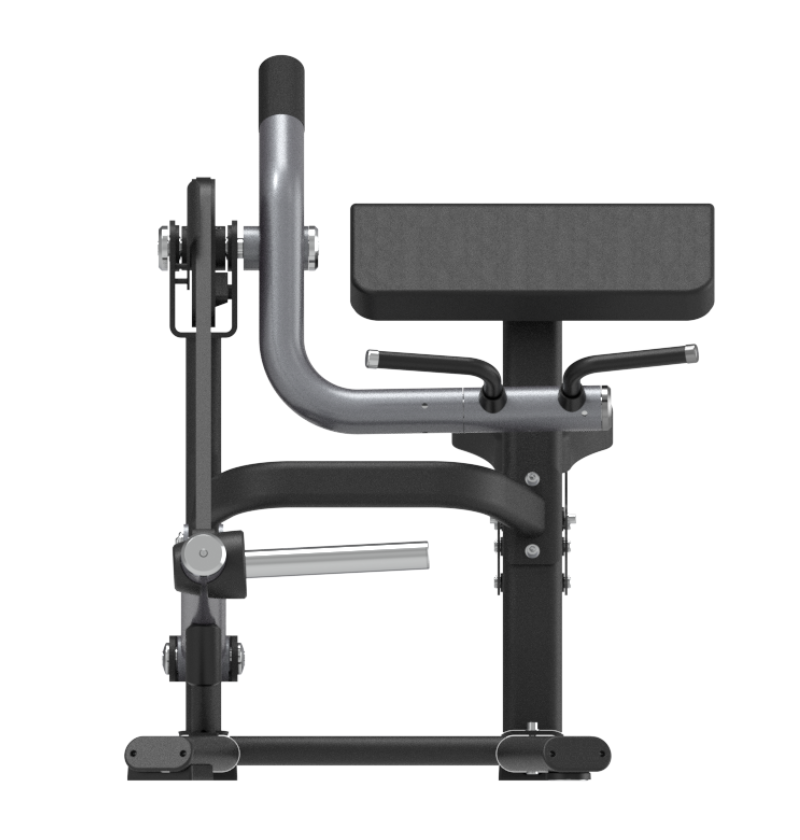 Plate loaded bicep curl machine with a black frame and padding on a white background