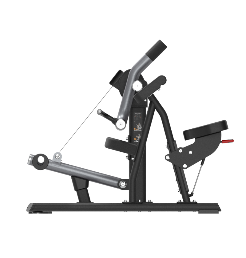 Plate loaded bicep curl machine with a black frame and padding on a white background