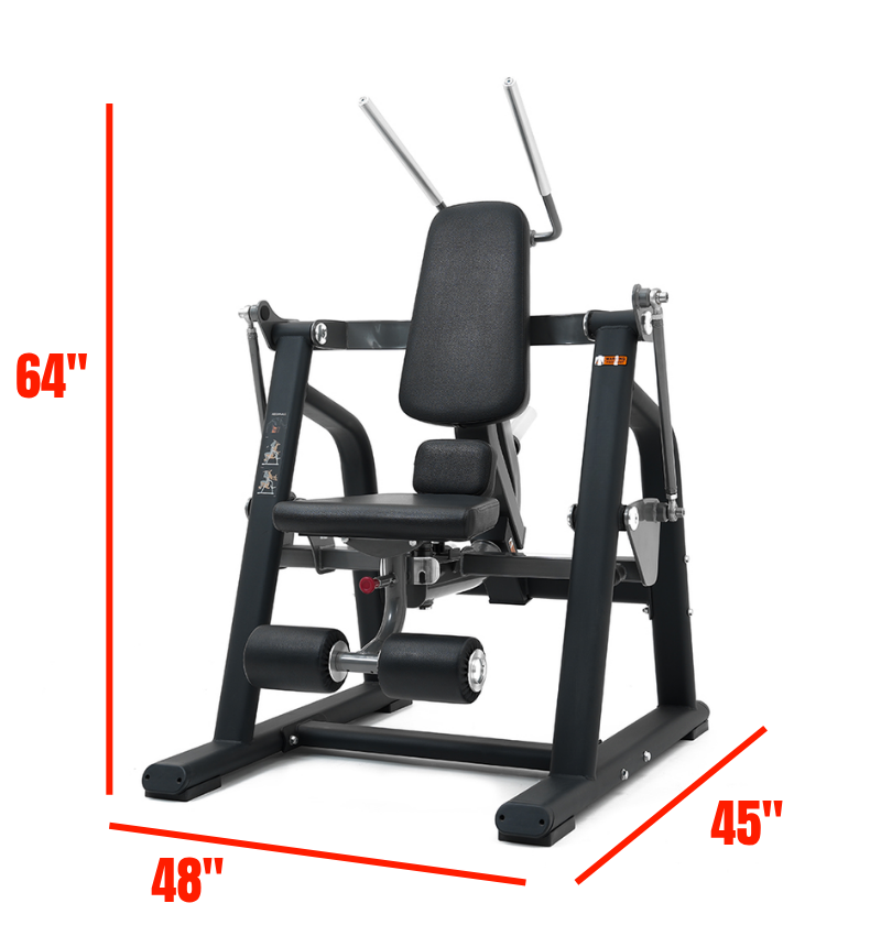 Plate loaded black ab crunch machine with dimensions indicated on a white background