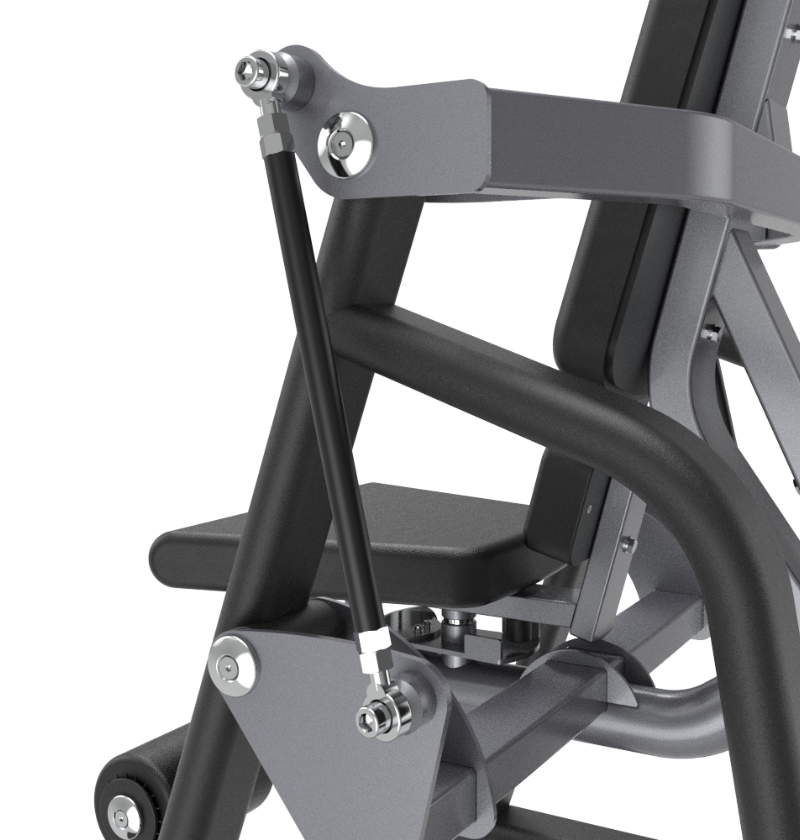Close-up of a black plate loaded ab crunch machine with black padding and on a white background