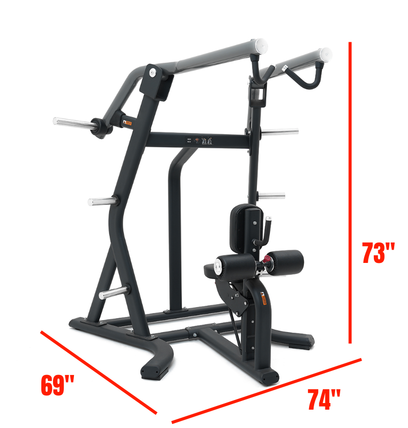 Black plate loaded high row machine on a white background with dimensions