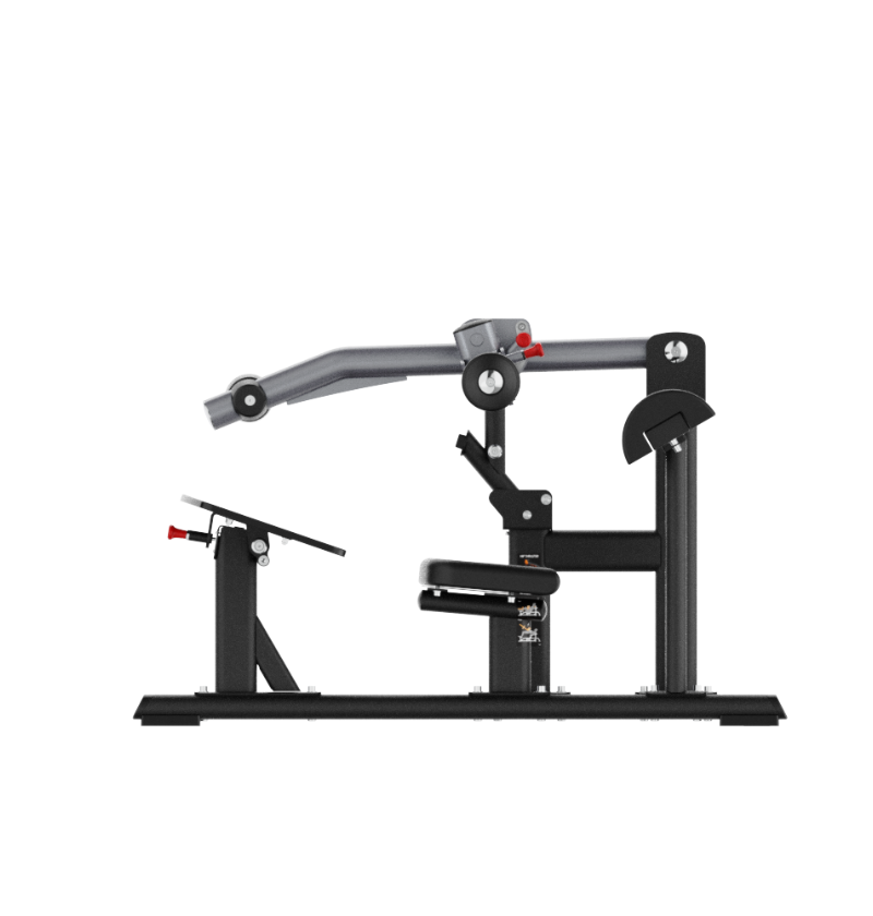 Plate loaded black hip thrust machine on a white background