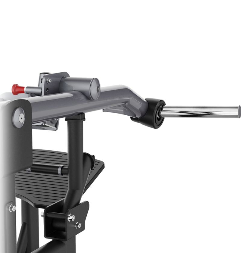 Close-up of a plate loaded hip thrust machine with a white background