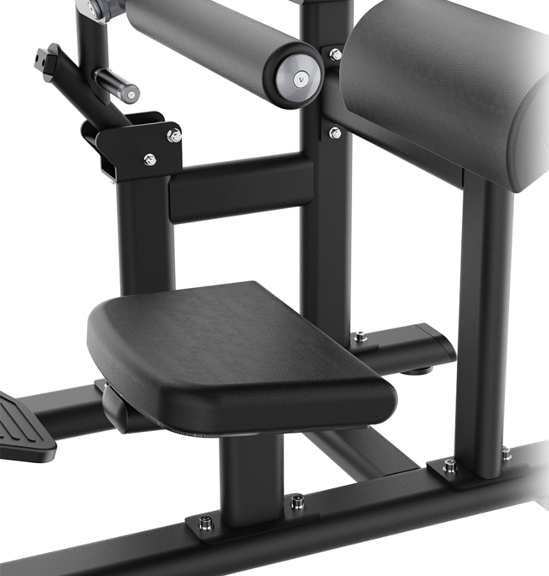 Black plate loaded hip thrust machine with seat and padding on a white background