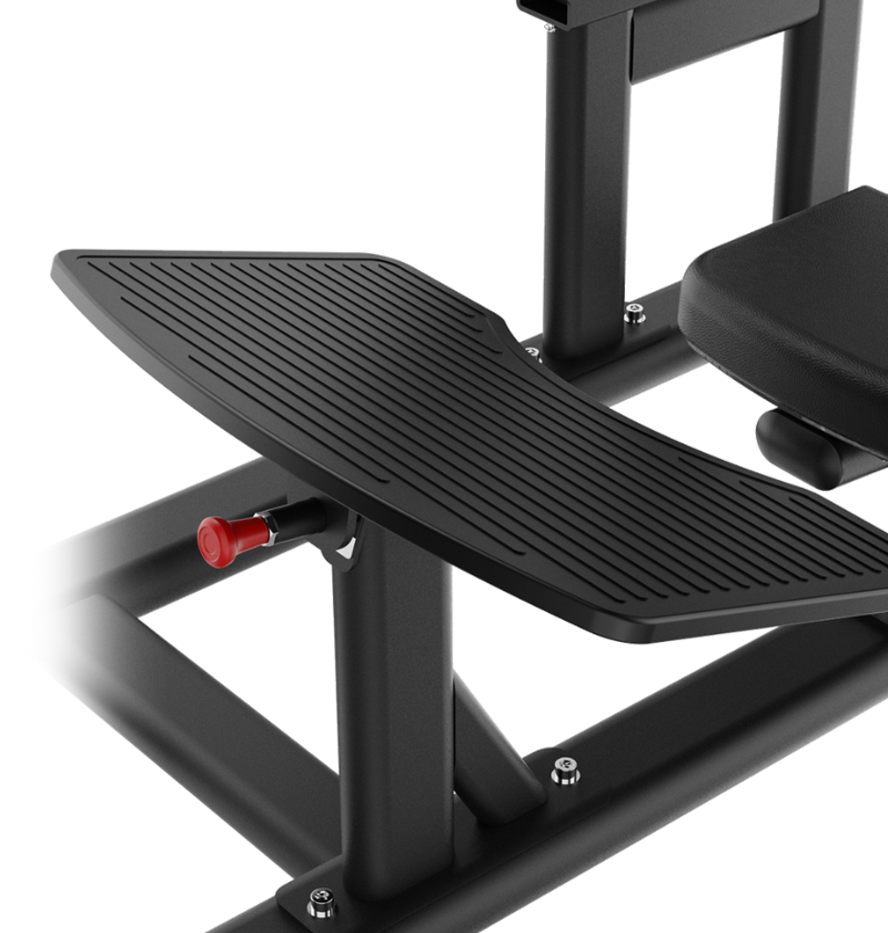 Black plate loaded hip thrust foot plate with textured surface and red clip on a white background