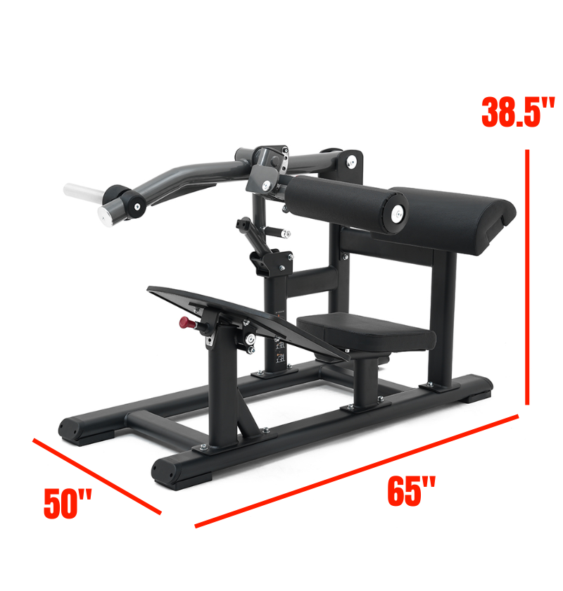 Plate loaded black hip thrust machine with dimensions indicated on a white background