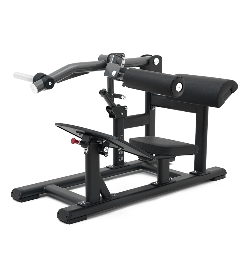 Plate loaded black hip thrust machine on a white background