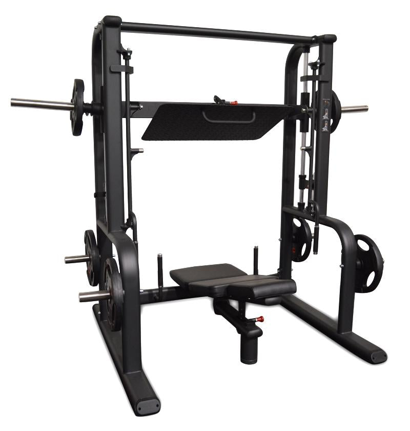 A black gym leg press machine equipped with a squat bar for lower body workouts.