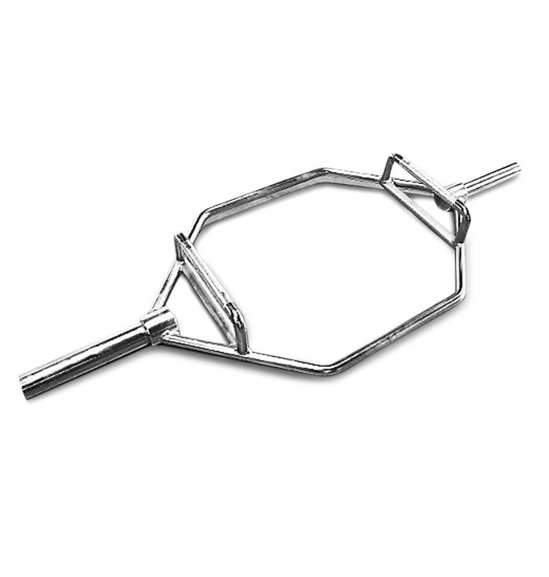 Hex bar with a handle, designed for weightlifting and strength training exercises.