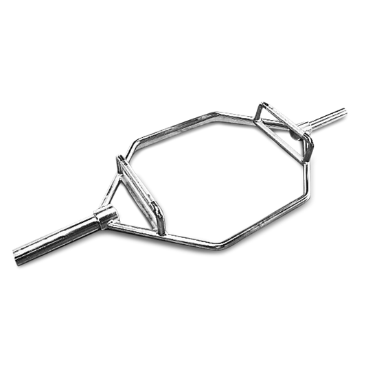 Hex bar with a handle, designed for weightlifting and strength training exercises.