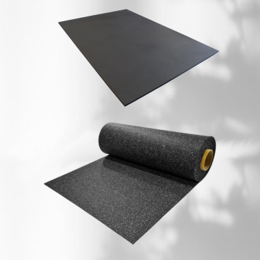 Two varieties of rubber mats are shown, designed for gym flooring, emphasizing durability and functionality.