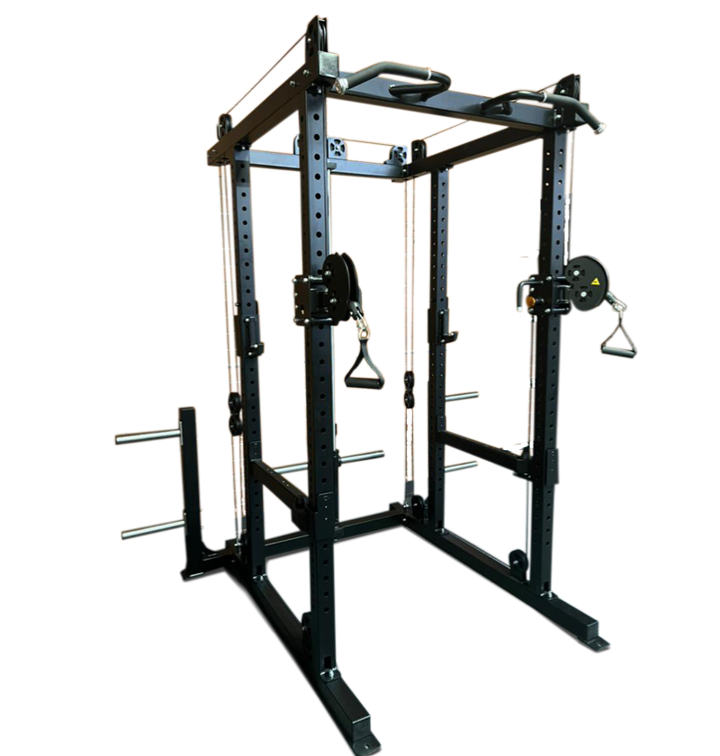 A power rack designed to hold a barbell, featuring a plate-loaded functional trainer for versatile strength training.