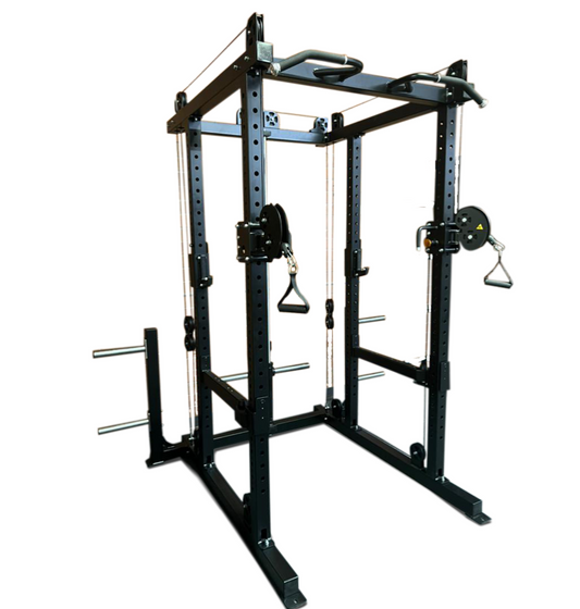 A power rack designed to hold a barbell, featuring a plate-loaded functional trainer for versatile strength training.