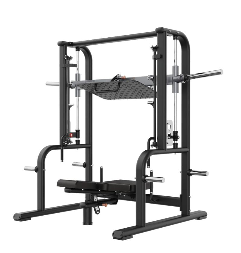 Black Smith machine with vertical leg press, prominently displayed in a modern gym.