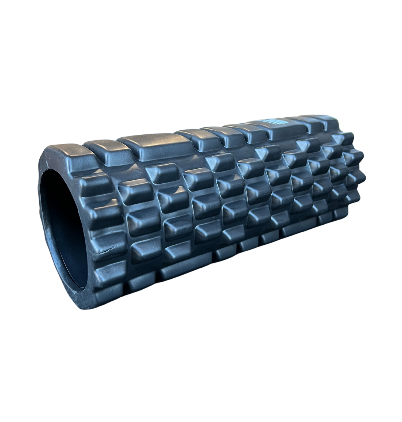 A black EVA foam roller with a grid design, featuring the brand logo 'ELE' on the end cap.