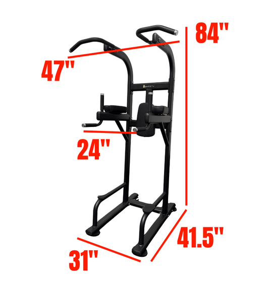 DR008 VKR Chin Dip Stand black workout equipment labeled with dimensions