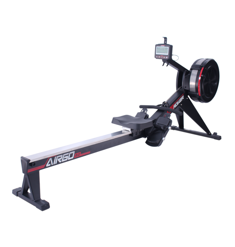 Commercial AirGo Rower rowing machine with black and red color scheme, featuring a thick padded seat, console with various function buttons, and air resistance mechanism.