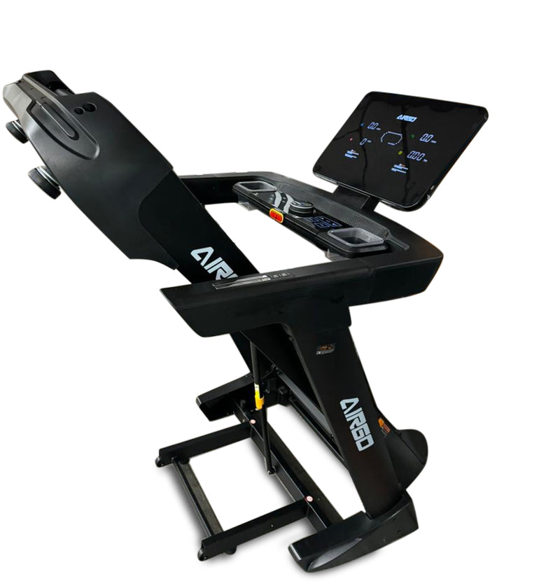 AirGo Folding Treadmill E6601 with a monitor on top, designed for home fitness and space-saving convenience.