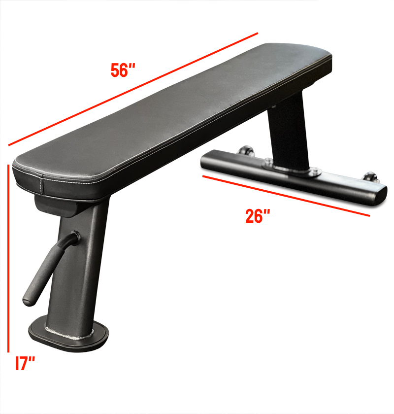 Black flat bench with measurements on a white background