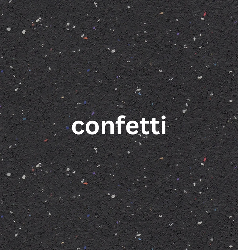 Colorful confetti wallpaper with the word "confetti" showcased, identified as Rolled Flooring 5/16" Confetti.