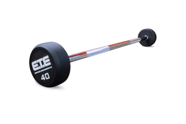 A fixed straight barbell featuring the letters "E.T.E" prominently displayed on its center.