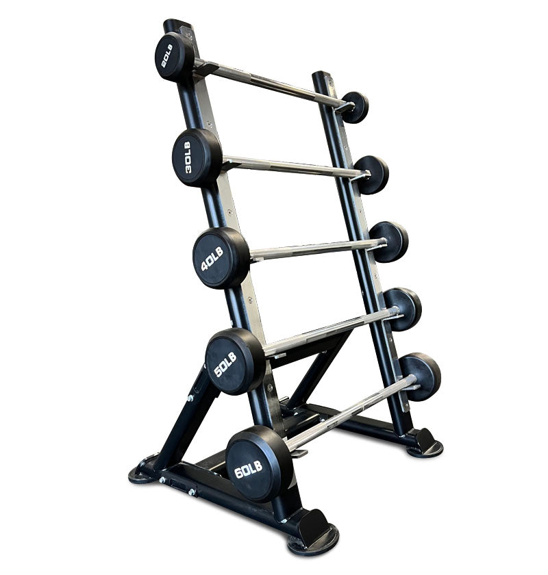 A black and silver fixed straight barbell with marked weight plates displayed on a black metal rack.