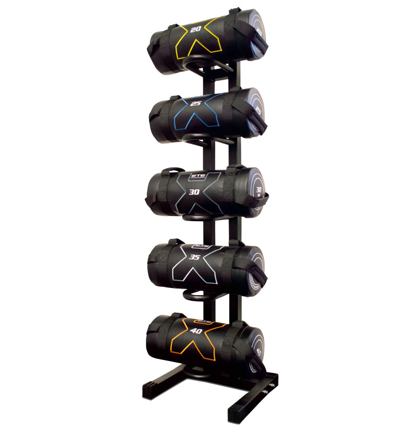A Power Bag Rack featuring five power bags neatly arranged for easy access during workouts.