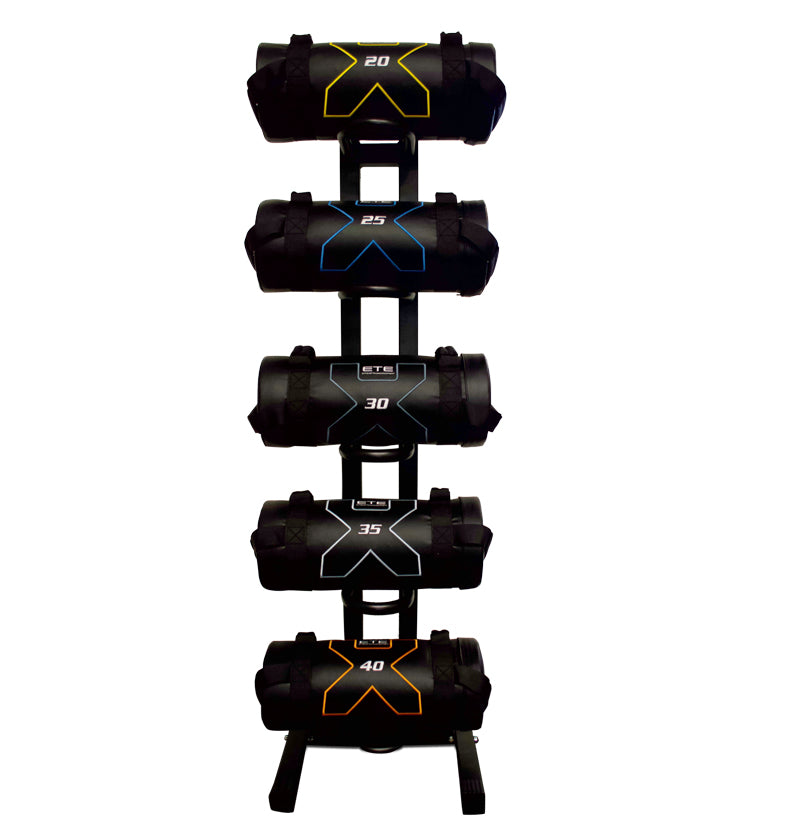 A Power Bag Rack featuring five distinct colored weighted bags, arranged neatly for easy access during workouts.