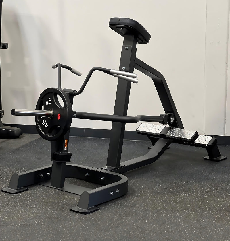 Incline Lever Row gym machine featuring a barbell and adjustable weights for strength training exercises