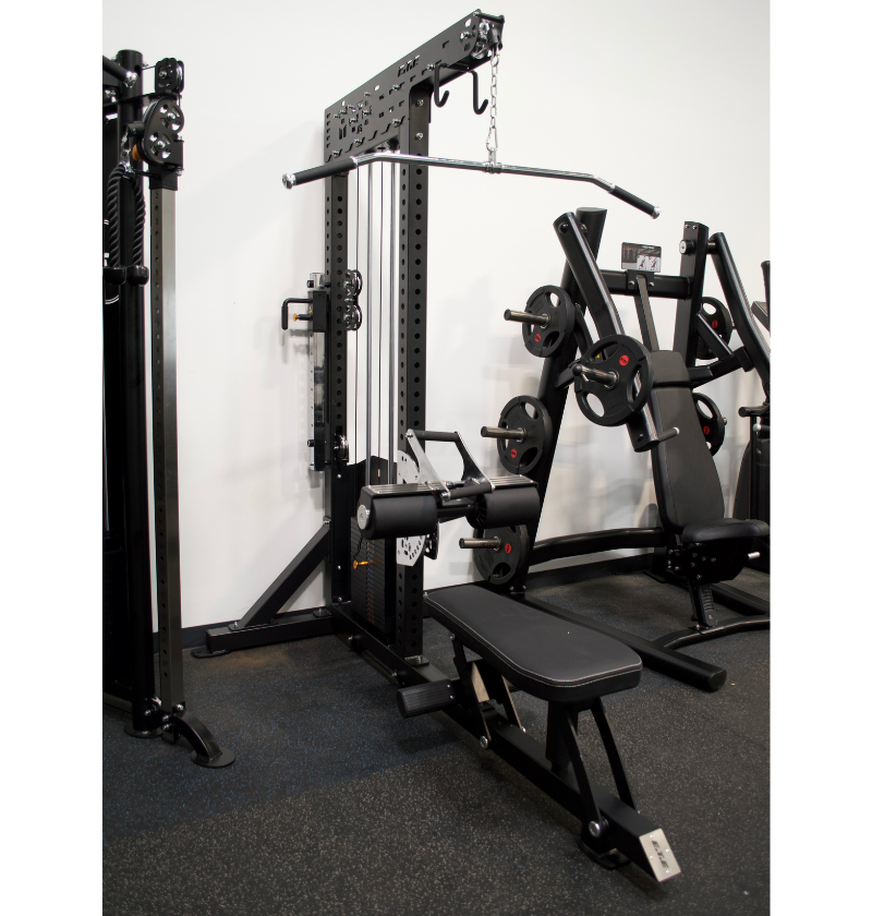 Strength training setup with bench, squat rack, and pull-up bar, highlighting Lat Pulldown Low Row pre-order.
