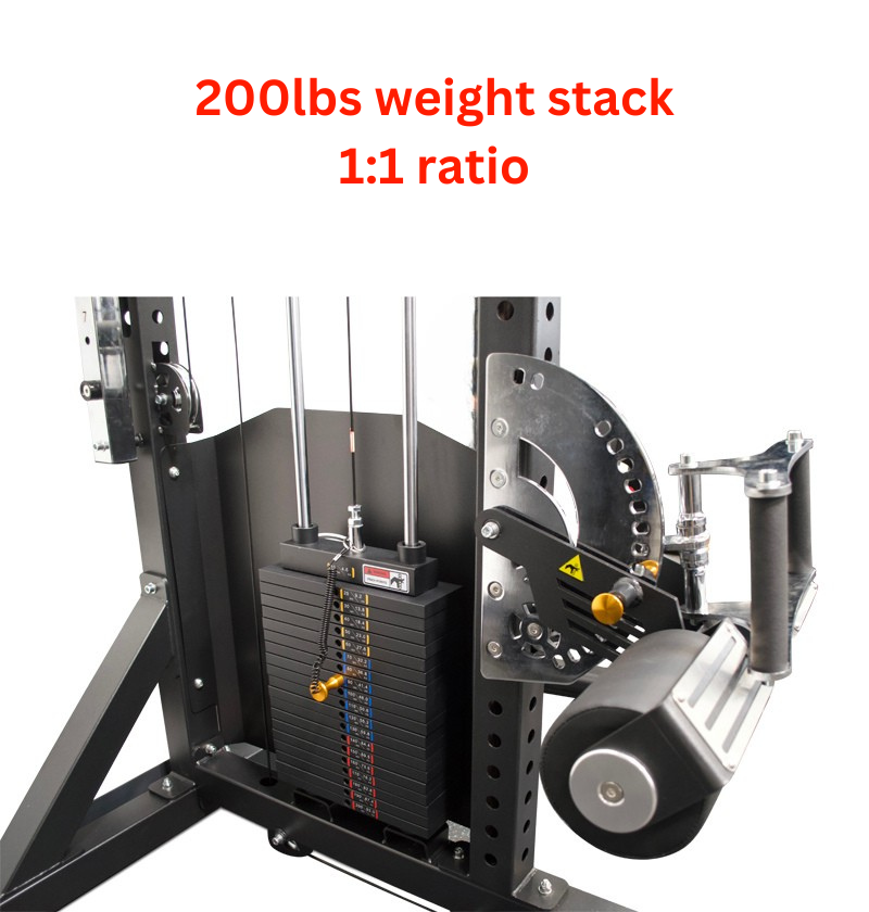 A 200 lbs weight stack displayed, associated with the Lat Pulldown Low Row gym equipment available for pre-order.