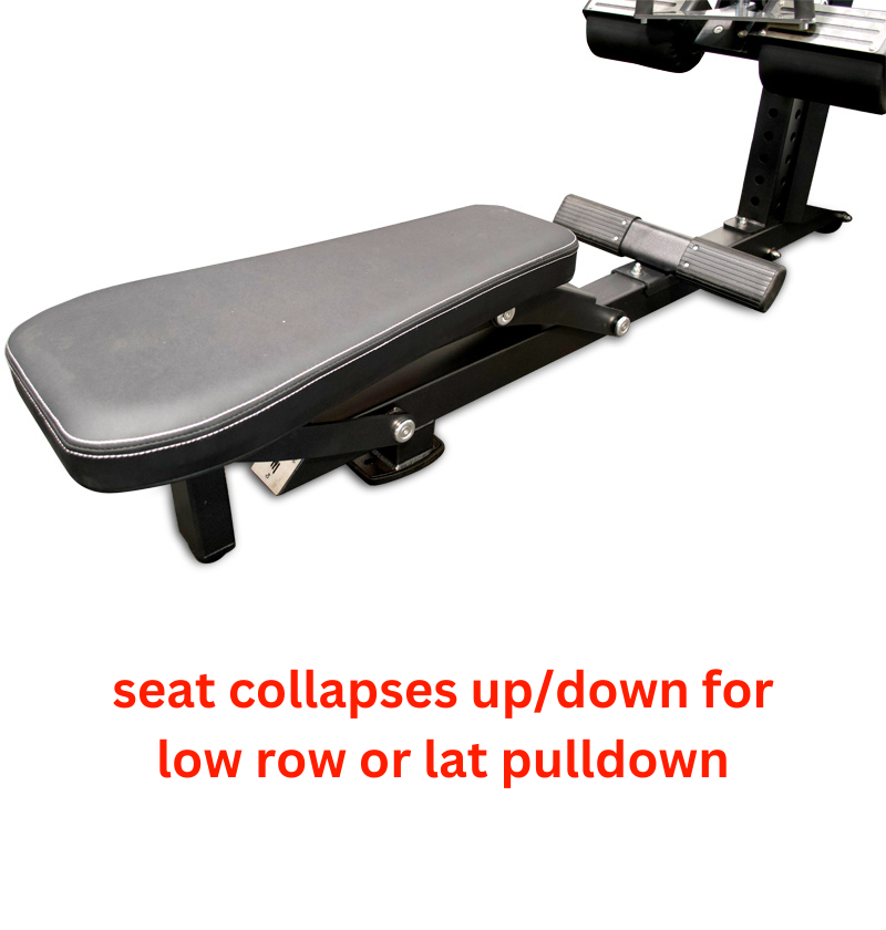 Bench for gym equipment with guidance on seat adjustment for Lat Pulldown and Low Row.
