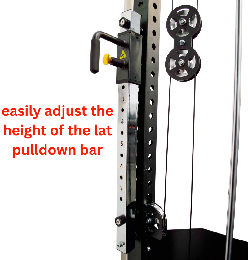 Adjustable height pulldown bar shown, designed for Lat Pulldown Low Row, now available for pre-order.