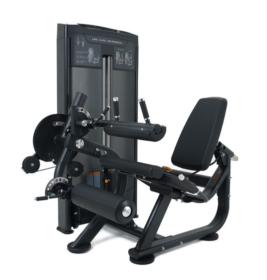 Black leg extension leg curl gym machine with user instructions on a white background