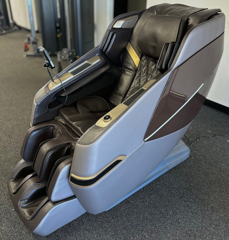 A massage chair positioned centrally in a spacious room, inviting relaxation and comfort.