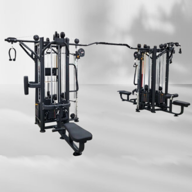 A gym equipment set featuring two cable exercise machines for strength training.