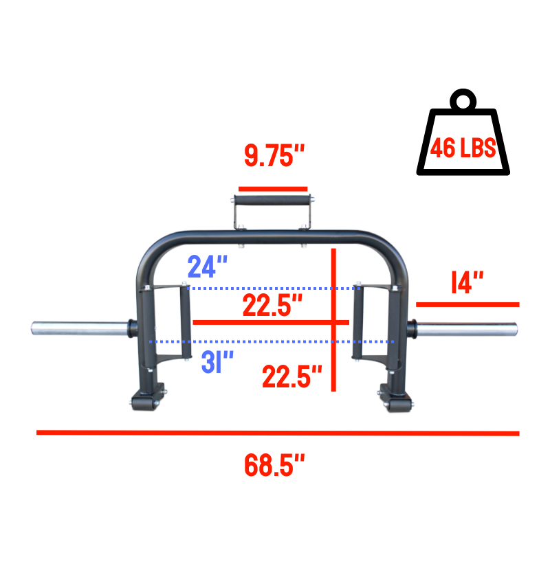 Dimensions of an open trap bar is displayed, highlighting its design for effective squatting exercises.
