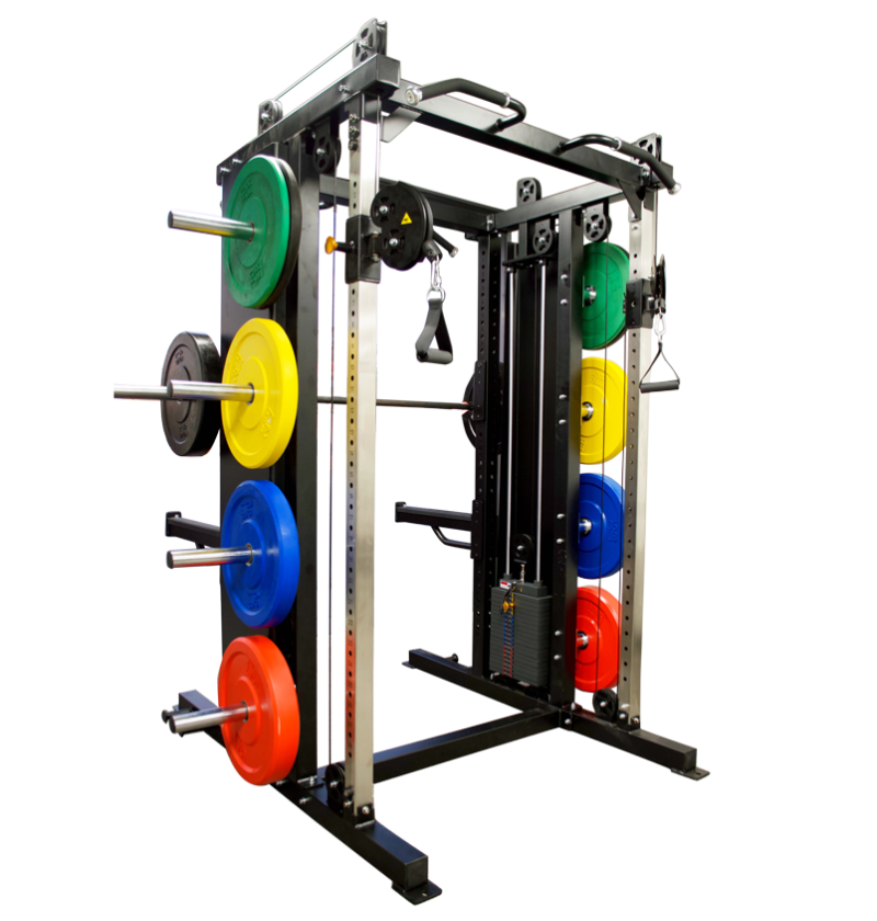 A functional trainer squat rack with barbells and weights, designed for double-sided use in a gym setting