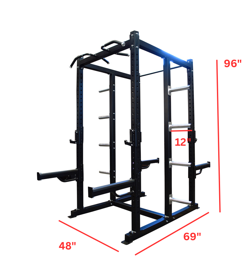 Black power rack with measurements on a white background