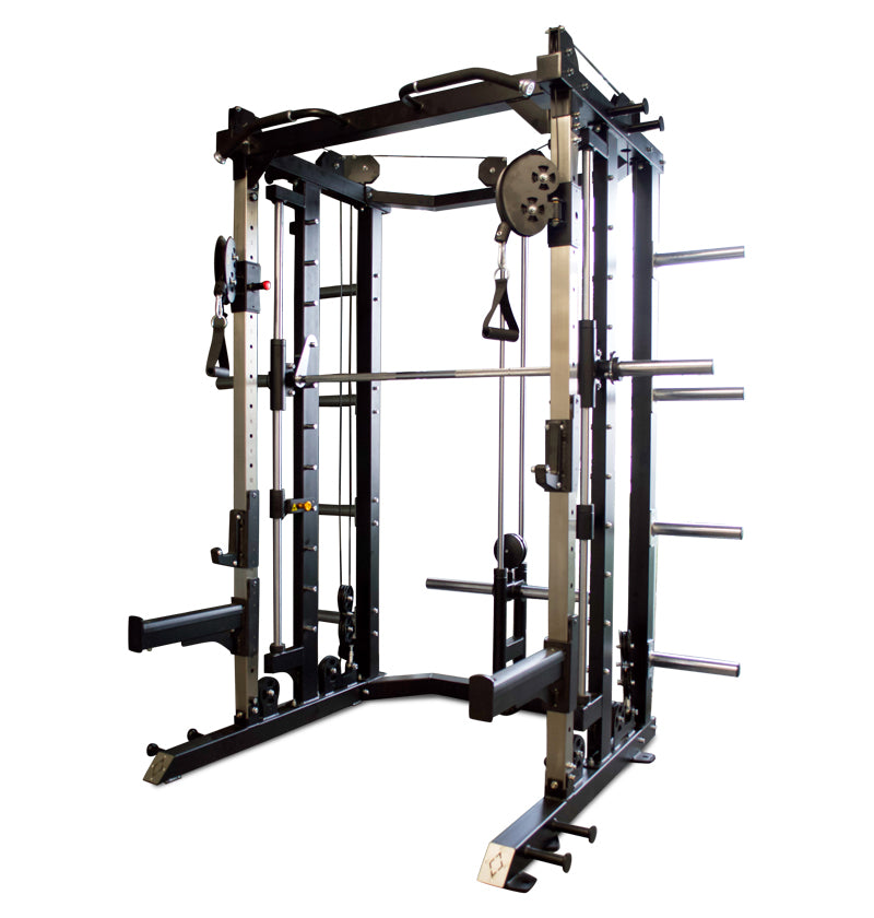Black and silver Plate Loaded Smith Functional gym equipment machine on a white background