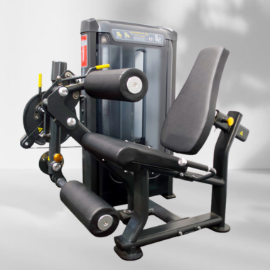 A leg press machine featuring a seat and adjustable leg extensions for strength training exercises.