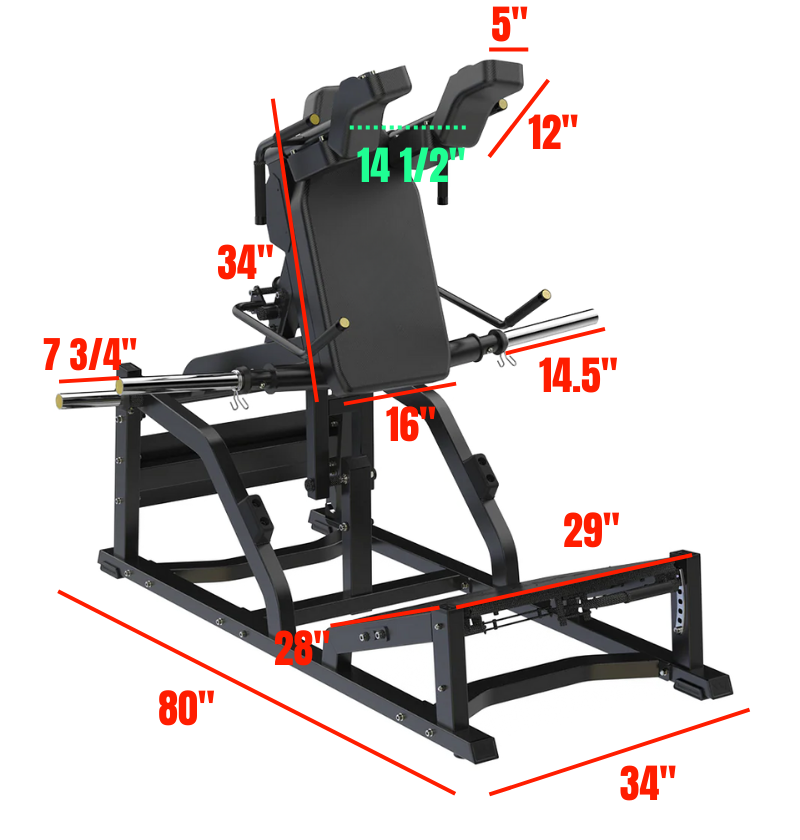 Gym front squat machine with dimensions marked on a white background