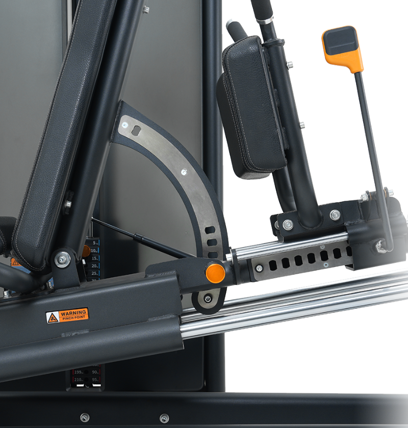 Close-up of the different adjustments on the leg press hack squat machine
