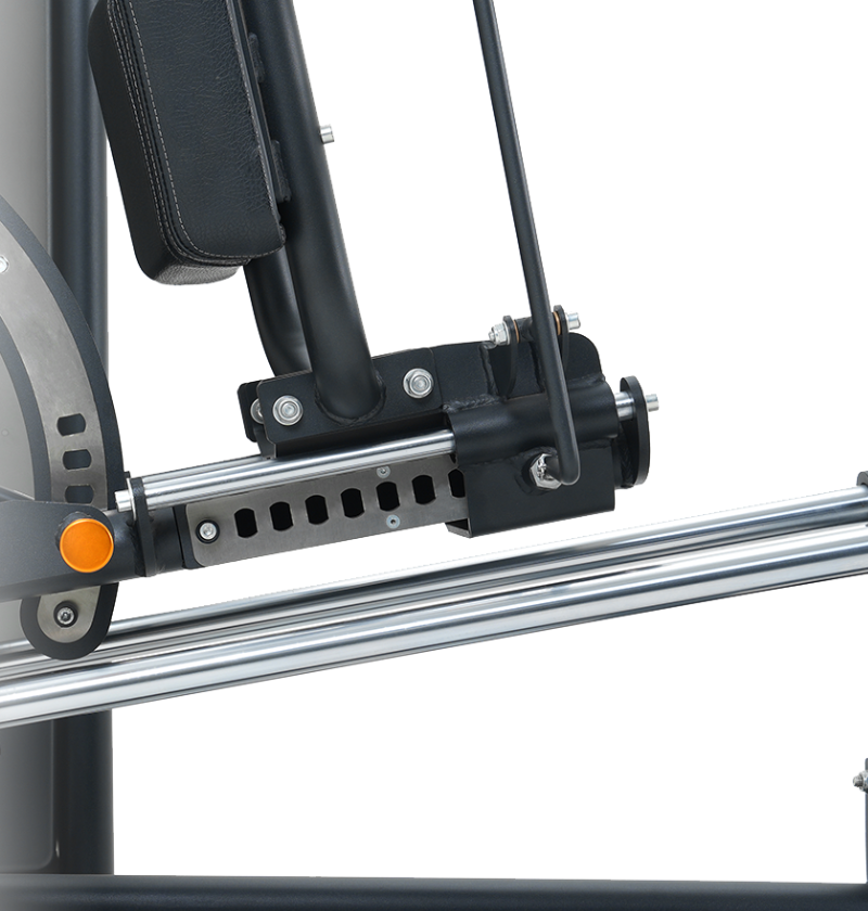 Close-up of the front/ack adjustment on the leg press hack squat machine