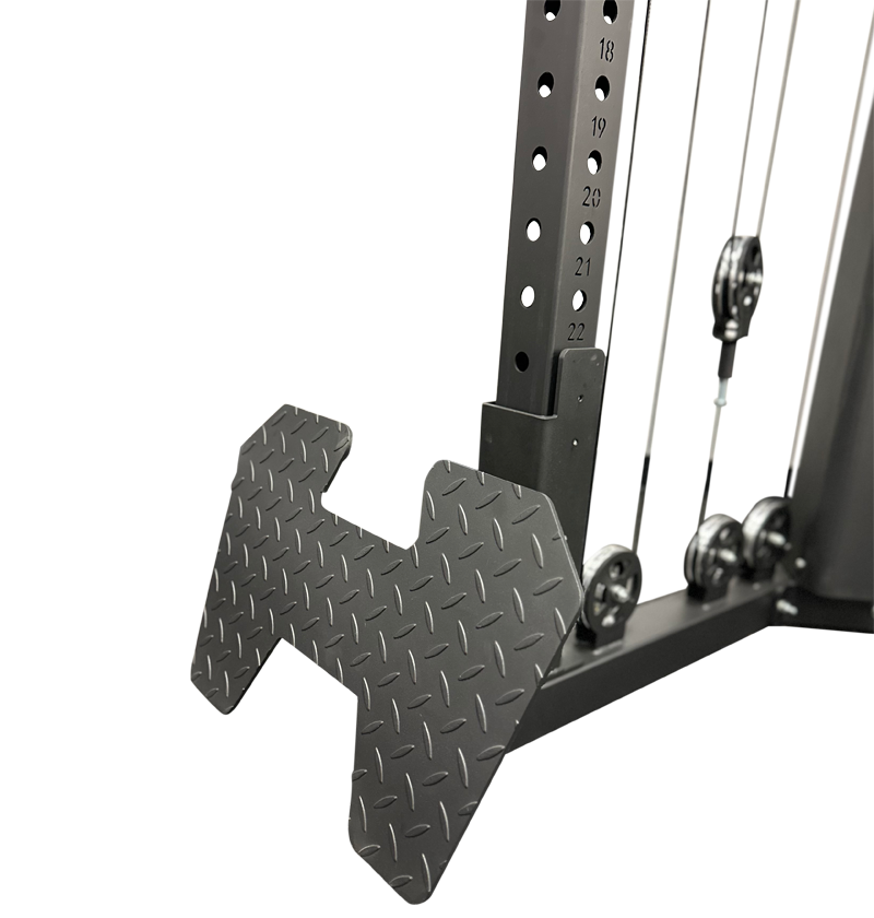 Low row foot plate attachment for a cable machine.