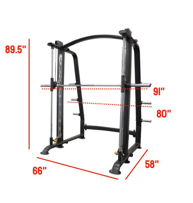 Display of a smith machine, showcasing its height and width dimensions for clarity on size